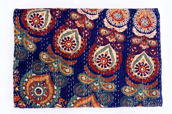 Indian Handmade Embroidery Queen Kantha Quilt Throw Elephant Mandala Bedspread