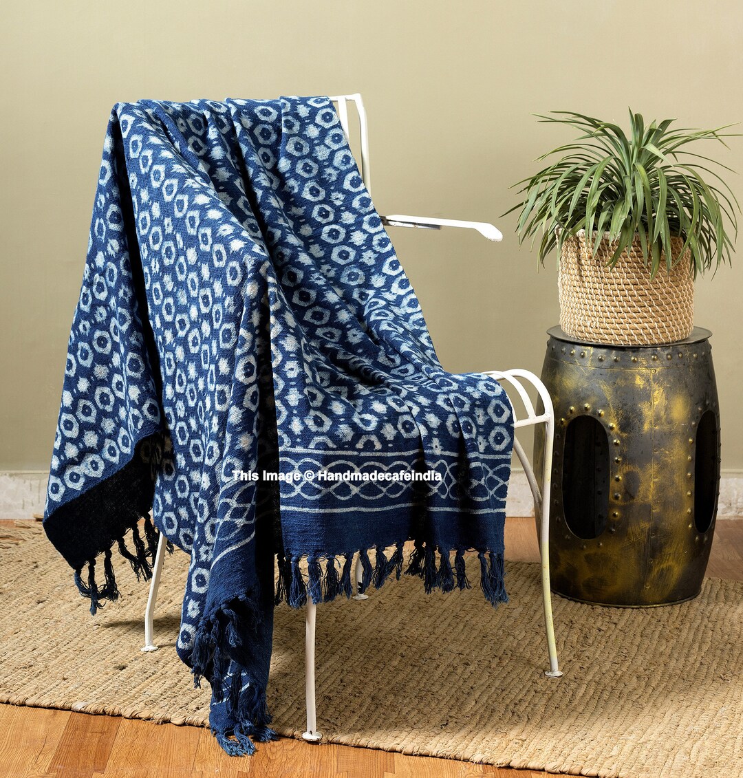 Indigo Blue and White Mudcloth Throw Blanket With Tassels Ikat - Etsy