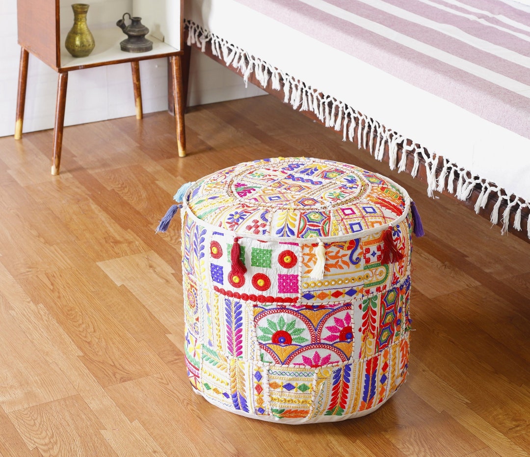 Foot Stool Pouf Embroidered Ottoman Pouf Cover Boho Floor Etsy