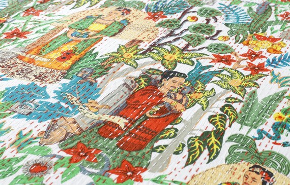Details about / Indian Kantha Quilt Cotton Bedspread Frida Kahlo Print Coverlet Bohemian Blanket