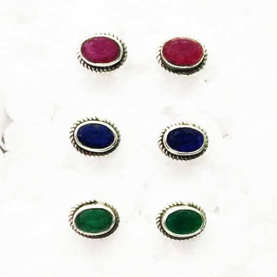 5 PAIRS Gemstones Studded In Solid 925 Sterling Silver Earrings Christmas Gift Weekdays Studs Handmade Stud Earrings