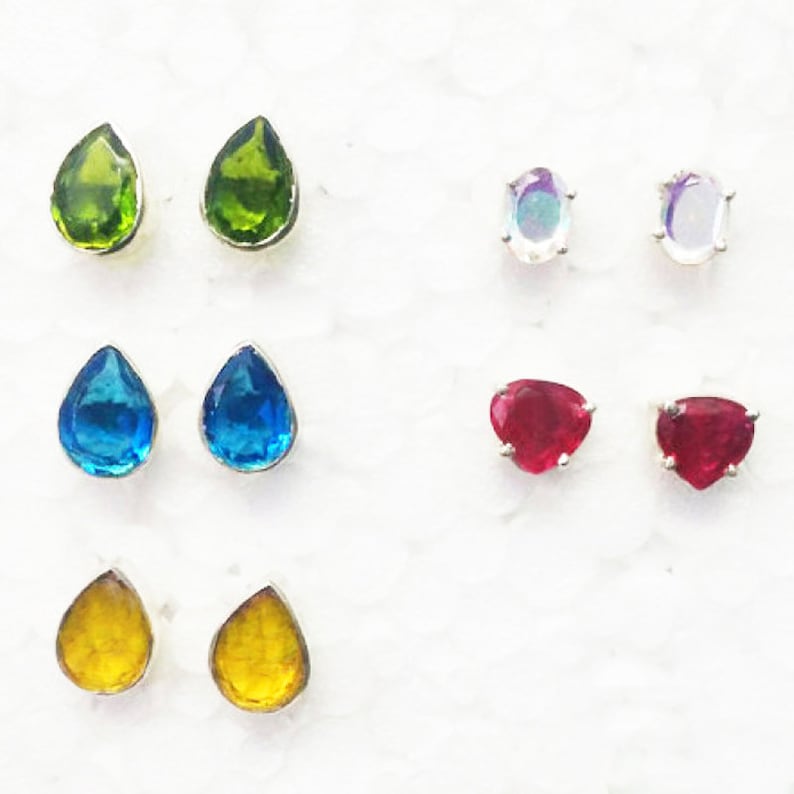5 PAIRS Gemstones Studded In Solid 925 Sterling Silver Earrings Christmas Gift Weekdays Studs Handmade Stud Earrings