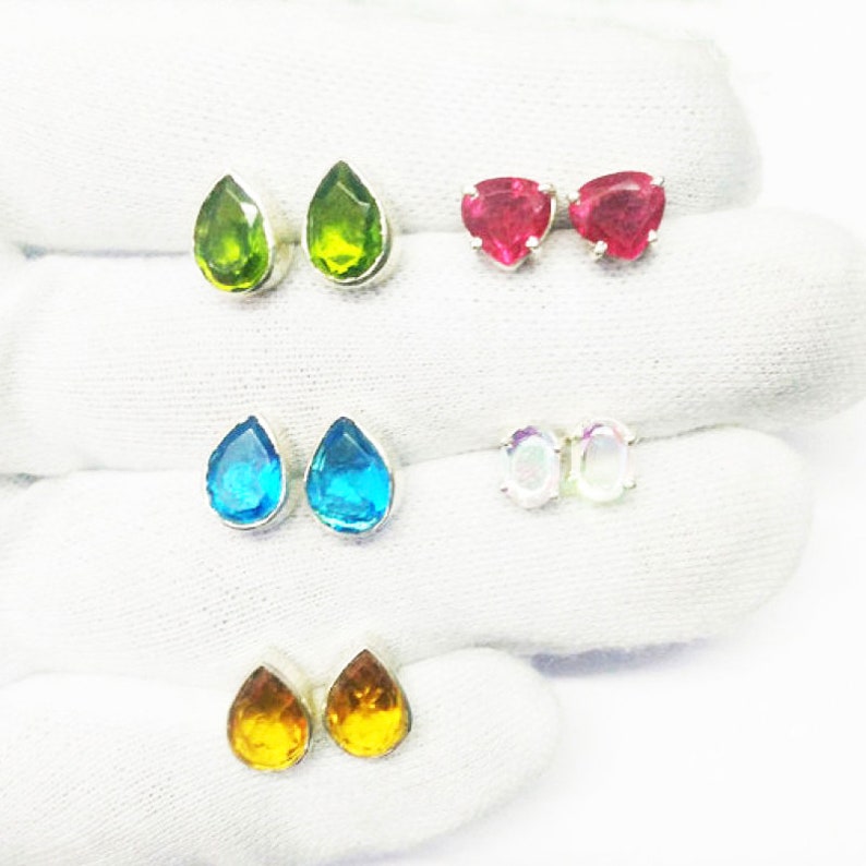 5 PAIRS Gemstones Studded In Solid 925 Sterling Silver Earrings Christmas Gift Weekdays Studs Handmade Stud Earrings