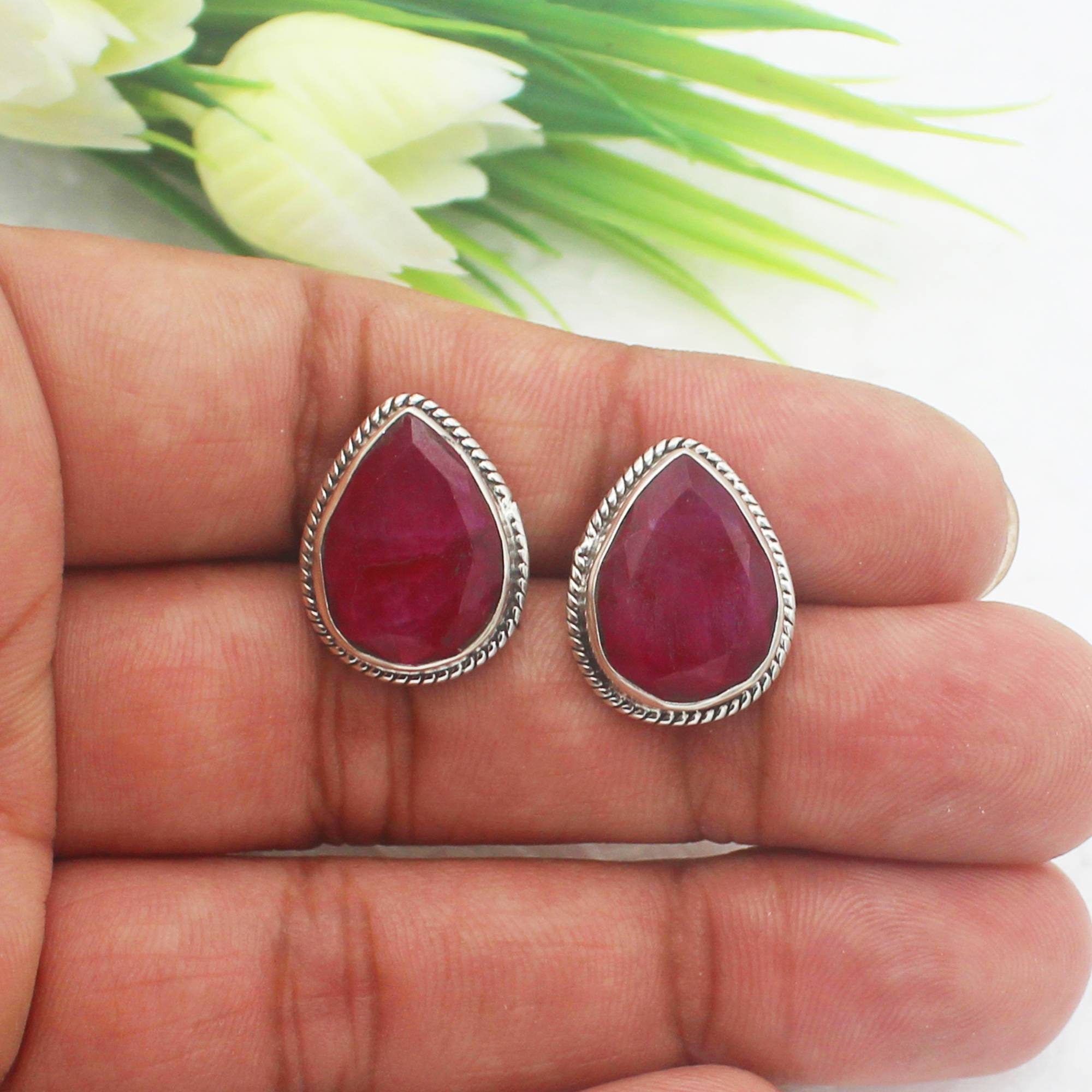925 Sterling Silver Natural Ruby Earrings Handmade Birthstone Jewelry Silver Stud Earrings Etsy