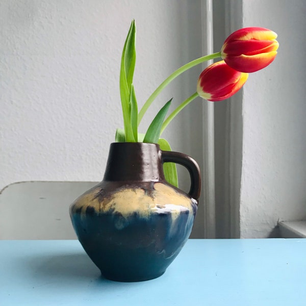DDR-Keramik Vase, Strehla, 70er, Mid-Century, braun ocker, 15 cm Höhe, Vintage. Not new!!