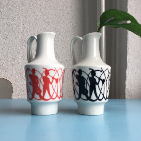 2x DDR - Vasi di porcellana in miniatura, VEB Utility Porcelain GGP GGP Gàfenthal, '50s's, Bianco/Rosso e Bianco/Nero, Vintage, Altezza 12 cm