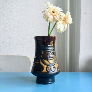DDR-Keramik Vase, Fat Lava, 70er, Mid-Century, braun orange schwarz Vintage, 18 cm Höhe