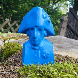 May include: A blue painted bust of a person wearing a blue hat. The bust is sitting on a bed of moss.