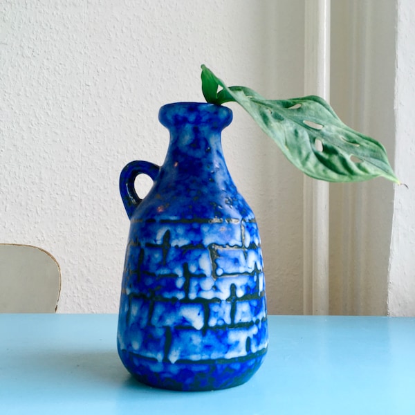 DDR-Keramik Vase, 70er, Mid-Century, Strehla, Blau, Vintage, 16 cm Höhe