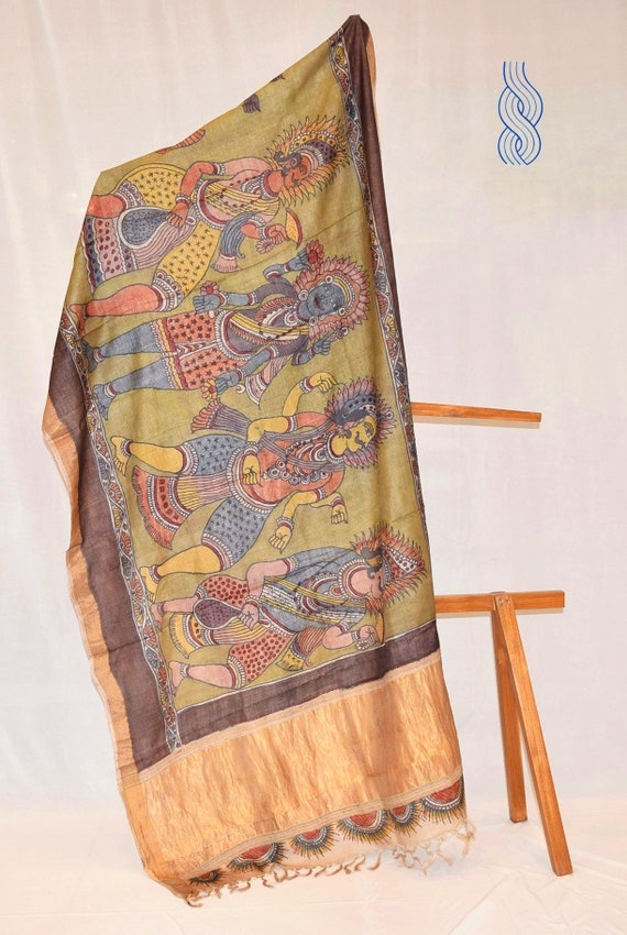Kalamkari Hand Painted Pure Tussar Silk Scarf Scarves