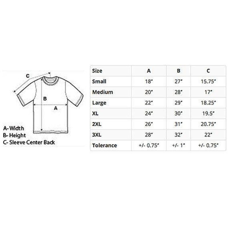 Puede incluir: Una tabla de tallas para una camiseta con medidas en pulgadas para el ancho, la altura y el centro de la espalda de la manga. La tabla incluye tallas desde la S hasta la 3XL y una tolerancia de +/- 0,75 pulgadas para el ancho y el centro de la espalda de la manga, y de +/- 1 pulgada para la altura.
