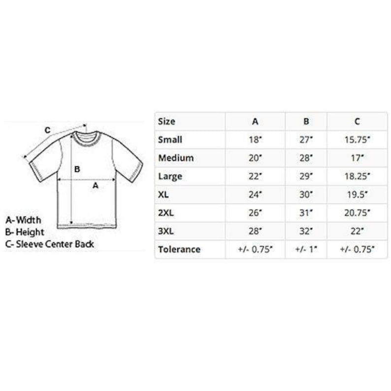 May include: A size chart for a t-shirt with measurements in inches for width, height, and sleeve center back. The chart includes sizes from small to 3XL and a tolerance of +/- 0.75 inches for width and sleeve center back, and +/- 1 inch for height.