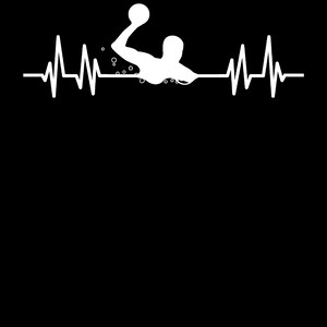 May include: A white silhouette of a water polo player with a ball in their hand, splashing in the water. A heartbeat line is above the player.