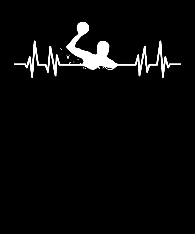 May include: A white silhouette of a water polo player with a ball in their hand, splashing in the water. A heartbeat line is above the player.