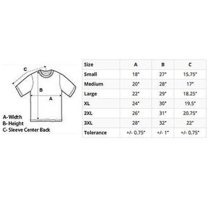 May include: A size chart for a t-shirt with measurements in inches for width, height, and sleeve center back. The chart includes sizes from small to 3XL and a tolerance of +/- 0.75 inches for width and sleeve center back, and +/- 1 inch for height.