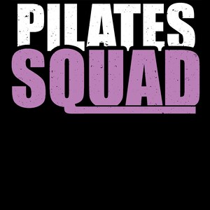 May include: White text that reads "PILATES" above purple text that reads "SQUAD".