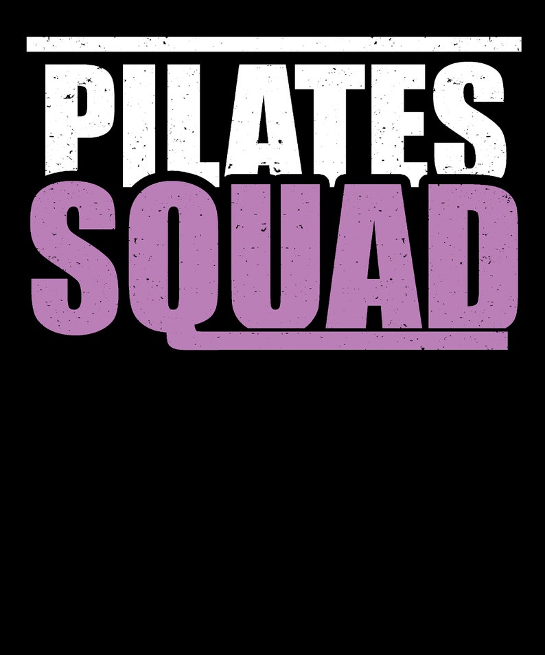 May include: White text that reads "PILATES" above purple text that reads "SQUAD".