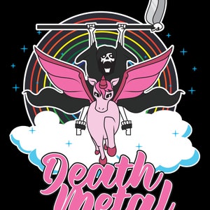 K&ouml;nnte beinhalten: Ein pinkfarbenes Einhorn mit Fl&uuml;geln fliegt durch einen Regenbogen, &uuml;ber dem ein schwarzer Sensenmann an einer Stange h&auml;ngt. Der Text "Death Metal" ist in Pink unter dem Einhorn geschrieben.