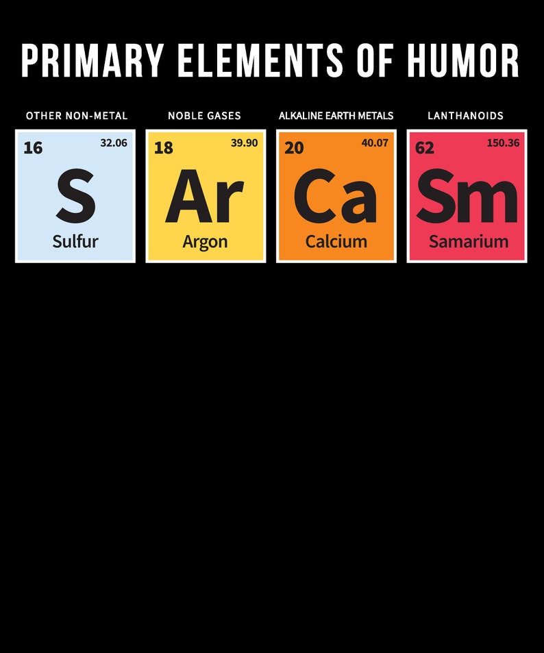 May include: A graphic illustration of the periodic table elements Sulfur, Argon, Calcium, and Samarium. The elements are labeled with their atomic number, symbol, name, and atomic weight. The title of the graphic is "Primary Elements of Humor".