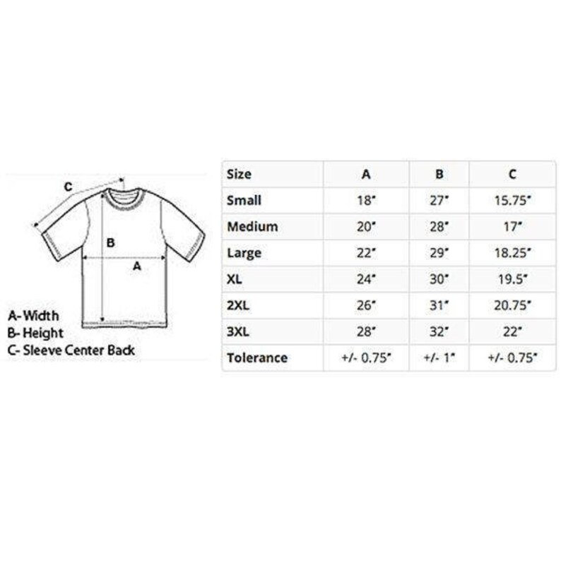 May include: A white t-shirt diagram with measurements and a size chart. The chart lists sizes from Small to 3XL, with corresponding measurements for width, height, and sleeve center back in inches. Tolerance is also provided.