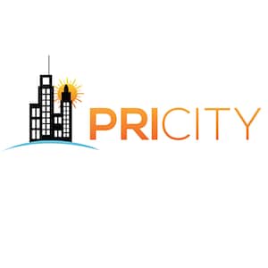 May include: A logo for a company called PRICITY. The logo features a black silhouette of a city skyline with a sun rising behind it. The word PRICITY is written in orange text.