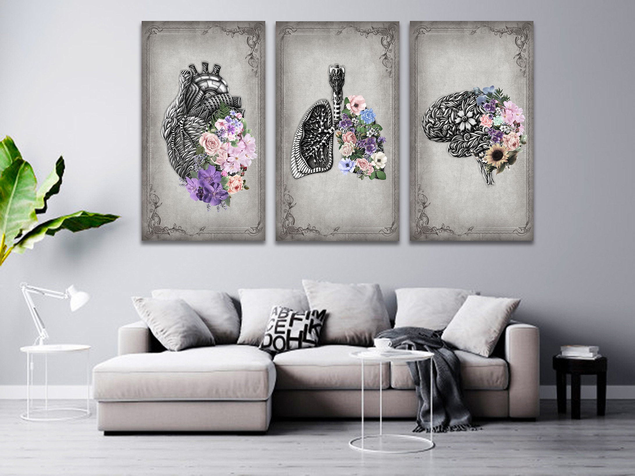 Set of 3 Anatomy Floral, Human Anatomy Print Art, Brain Posters, Heart ...
