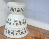 Vintage American Pyrex Set Of Three Bronze On White Early American Nesting Bowls (Sizes 401,402 And 403) 1961