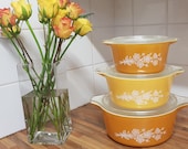 Vintage American Pyrex Set Of Three Butterfly Gold Casserole Dishes 1971.