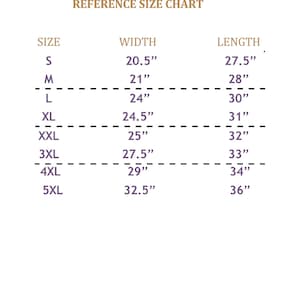 May include: Size chart for clothing with measurements in inches. The chart shows sizes from S to 5XL with corresponding width and length measurements.
