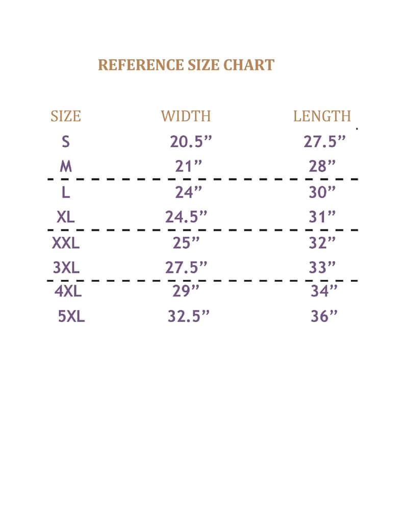 May include: Size chart for clothing with measurements in inches. The chart shows sizes from S to 5XL with corresponding width and length measurements.