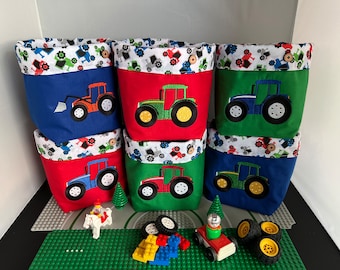 Embroidered Tractor Fabric Storage Box: Toy Organizer