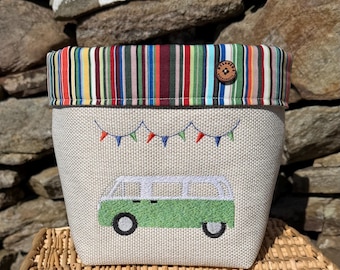 Embroidered campervan on a fabric box or zipped pouch with contrasting cotton lining. Several colours available.