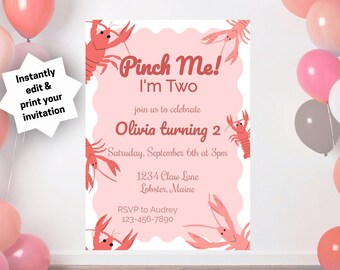 Pinch me I'm Two Invitation | Lobster Crawfish 2nd Birthday (Printable Download)