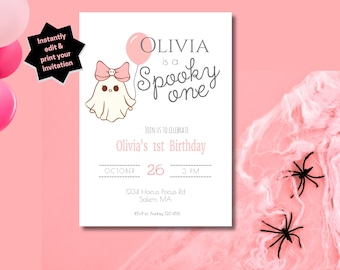 Spooky One 1st Birthday Invitation | Pink Ghost Girl, Printable (Digital)