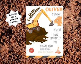 Construction Birthday Invitation: Dump Truck Party, Editable Template (Digital Download)