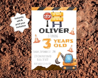 Construction 3rd Birthday Invitation: Traffic Theme (Printable Download)