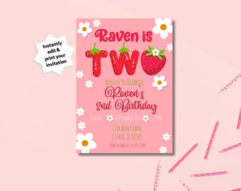 Strawberry Second Birthday Invitation: Berry Sweet Party (Digital Download)