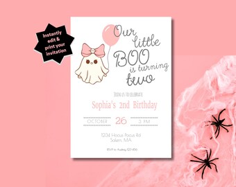 Two Spooky Birthday Invitation: Pink Ghost, Girl Party (Printable Download)