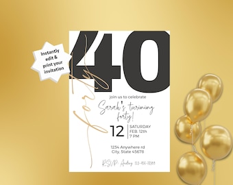 Black and Gold 40th Birthday Invitation (Digital Download)