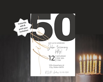 Black and Gold 50th Birthday Invitation (Digital Download)