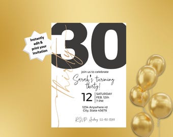 Black and Gold 30th Birthday Invitation (Digital Download)
