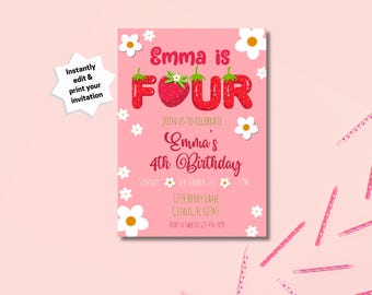 Strawberry Fourth Birthday Invitation, Berry Party (Digital)