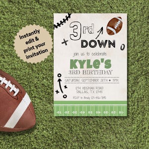 May include: A printable invitation for a 3rd birthday party with a football theme. The invitation is decorated with a football, a football field, and the text "3rd Down". The invitation says "Join us to celebrate Kyle's 3rd Birthday" and includes the date, time, and location of the party.