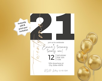 Black and Gold 21st Birthday Invitation (Digital Download)