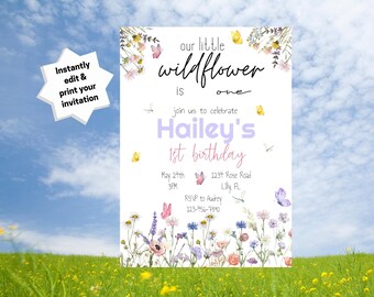 Wildflower First Birthday Invitation: Floral Party (Printable Download)