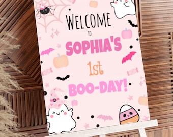 Spooky One Birthday Welcome Sign | Pink Ghost Party (Printable Download)