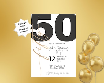 Black and Gold 50th Birthday Invitation (Digital Download)