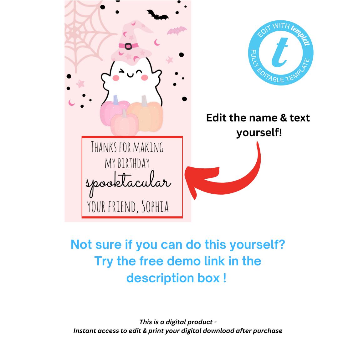 EDITABLE Spooky One Birthday Ghost Thank You Tags Pink | Halloween ...