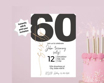 60th Birthday Invitation: Black and Gold Milestone Party (Digital Download)