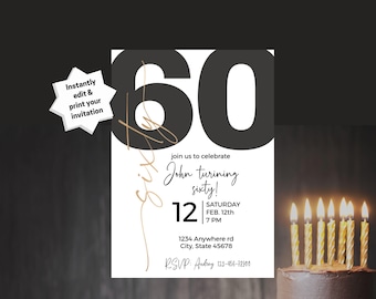 60th Birthday Invitation: Black and Gold, Milestone Invite (Digital Download)